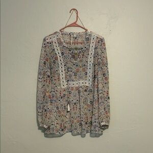 LC Lauren Conrad Cream Floral Lace-Trim Boho Blouse